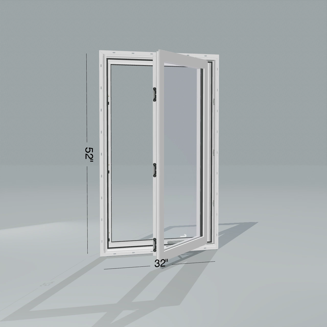 Angled exterior configurator view of the 32 × 52 inch casement, white exterior / white interior, with nailing flange, casement sashes open 45 degrees