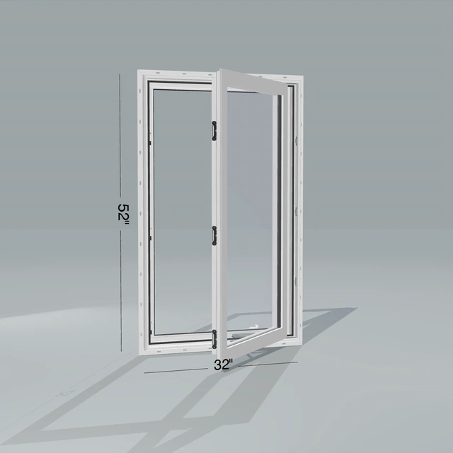 Angled exterior configurator view of the 32 × 52 inch casement, white exterior / white interior, with nailing flange, casement sashes open 45 degrees