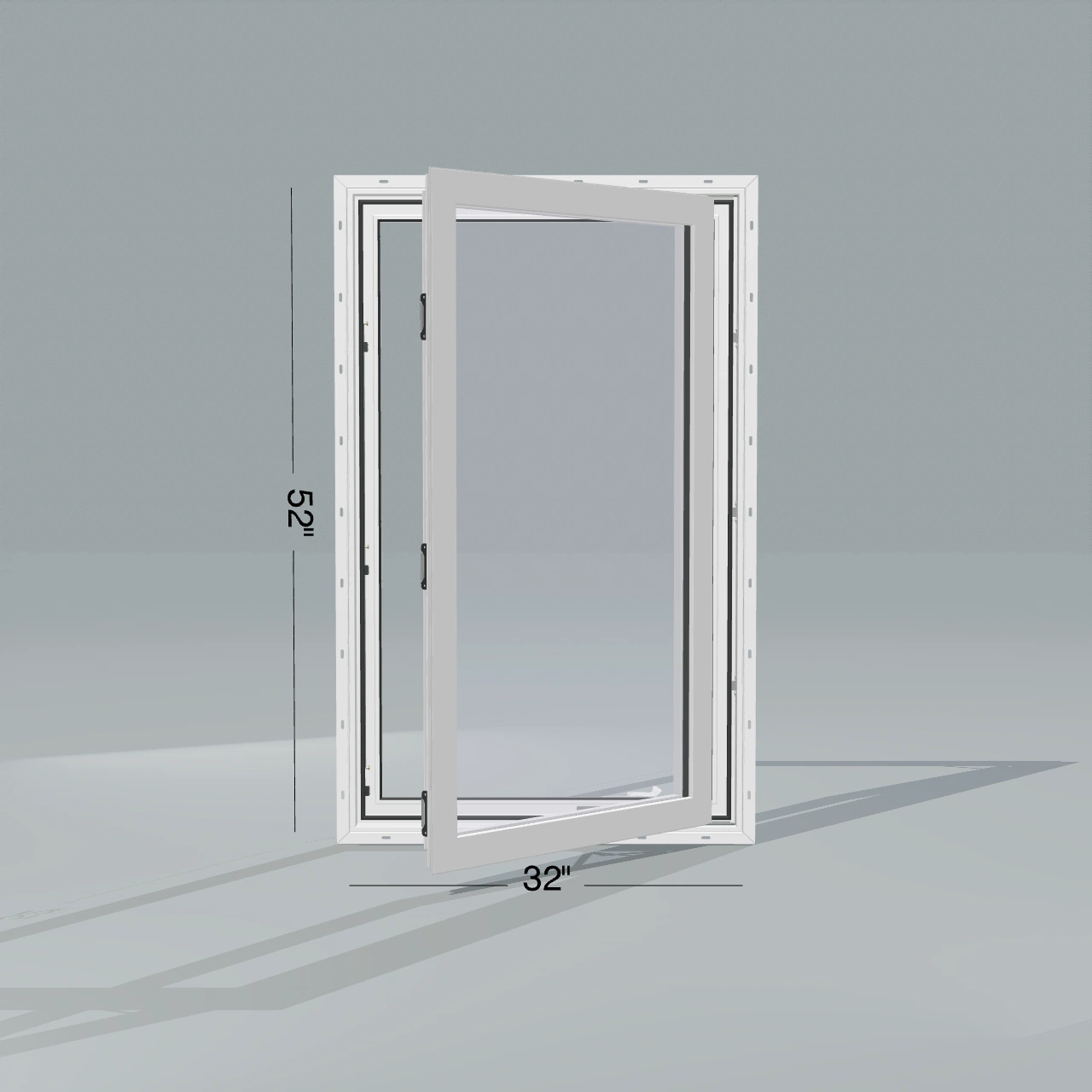 Straight exterior view of the 32 × 52 inch casement, white exterior / white interior, with nailing flange, casement sashes open 45 degrees