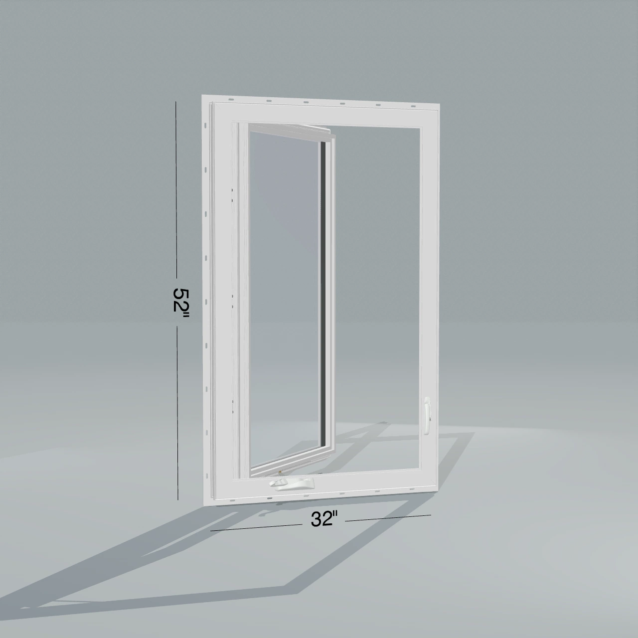 Angled interior view of the 32 × 52 inch casement, white exterior / white interior, with nailing flange, casement sashes open 45 degrees