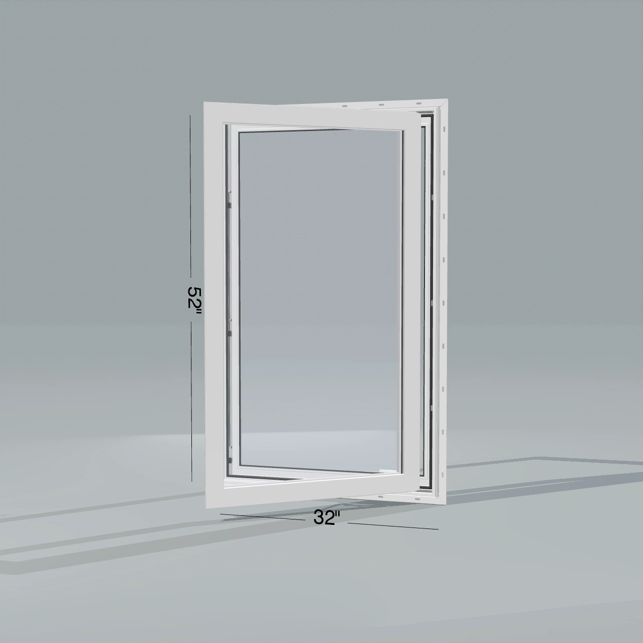 Opposite exterior angle of the 32 × 52 inch casement, white exterior / white interior, with nailing flange, casement sashes open 45 degrees