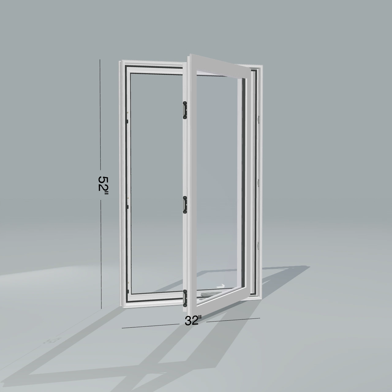 Angled exterior configurator view of the 32 × 52 inch casement, white exterior / white interior, without nailing flange, casement sashes open 45 degrees