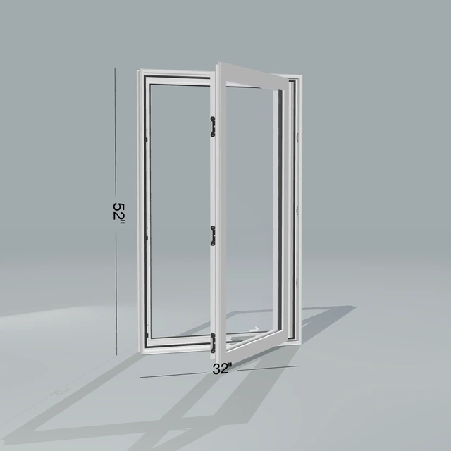 Angled exterior configurator view of the 32 × 52 inch casement, white exterior / white interior, without nailing flange, casement sashes open 45 degrees