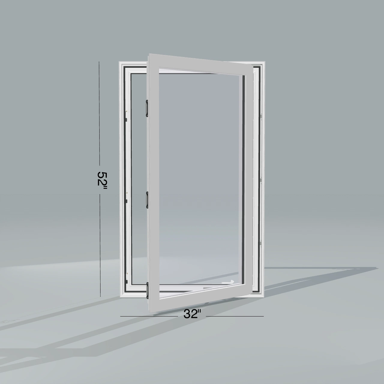 Straight exterior view of the 32 × 52 inch casement, white exterior / white interior, without nailing flange, casement sashes open 45 degrees