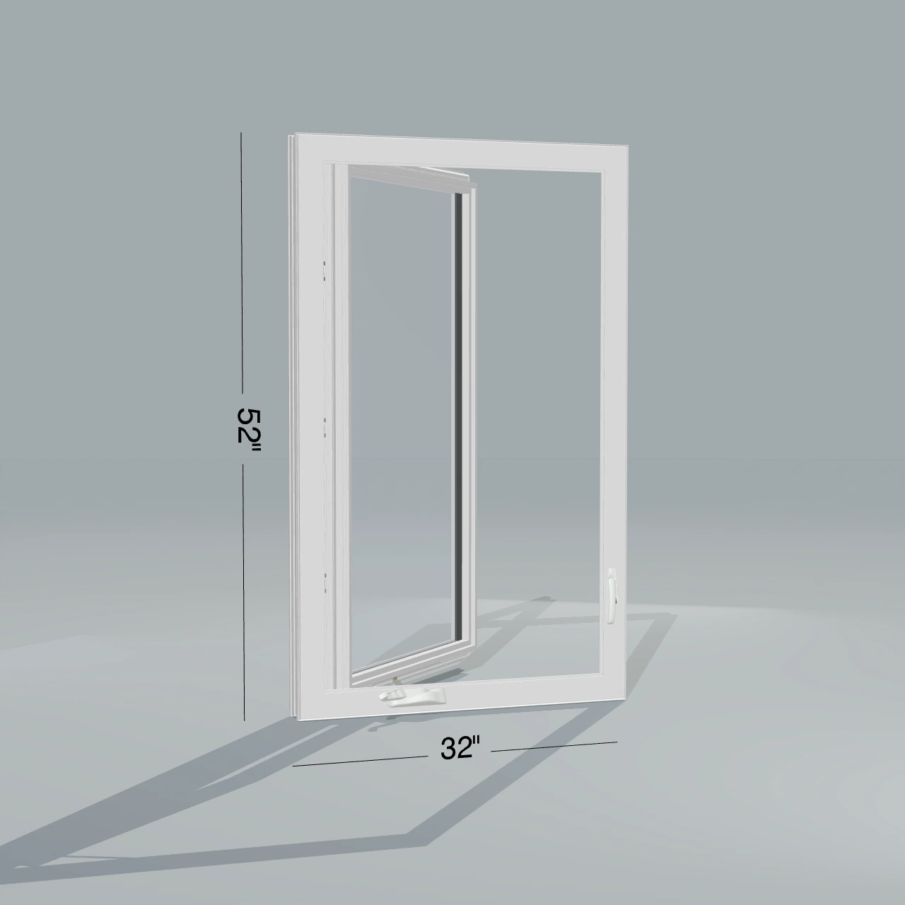 Angled interior view of the 32 × 52 inch casement, white exterior / white interior, without nailing flange, casement sashes open 45 degrees