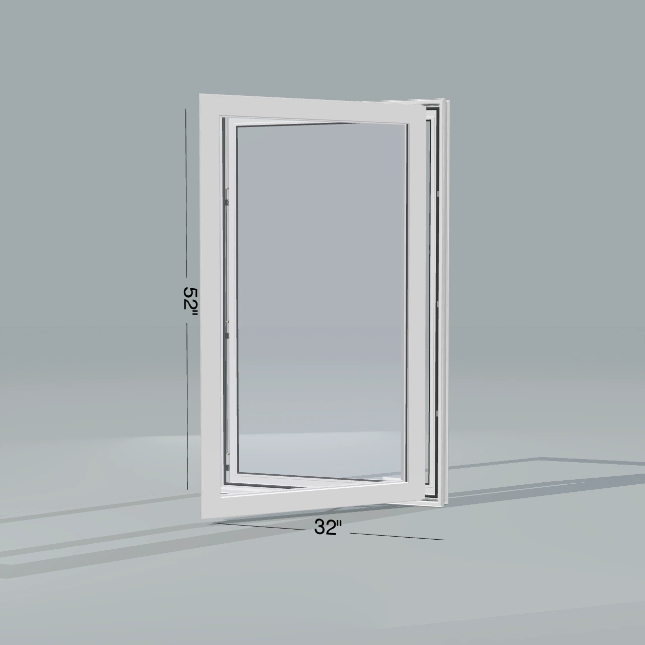 Opposite exterior angle of the 32 × 52 inch casement, white exterior / white interior, without nailing flange, casement sashes open 45 degrees