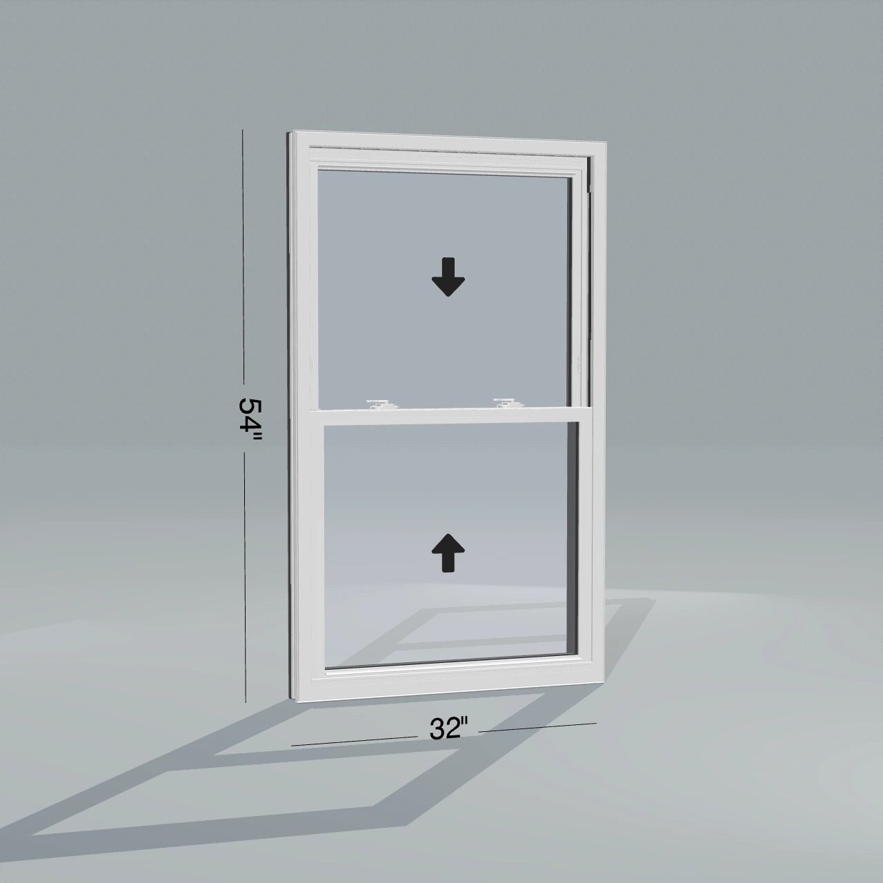Room-side Panes configurator rendering of the same 32 × 54 inch double-hung window with white interior and no nailing flange