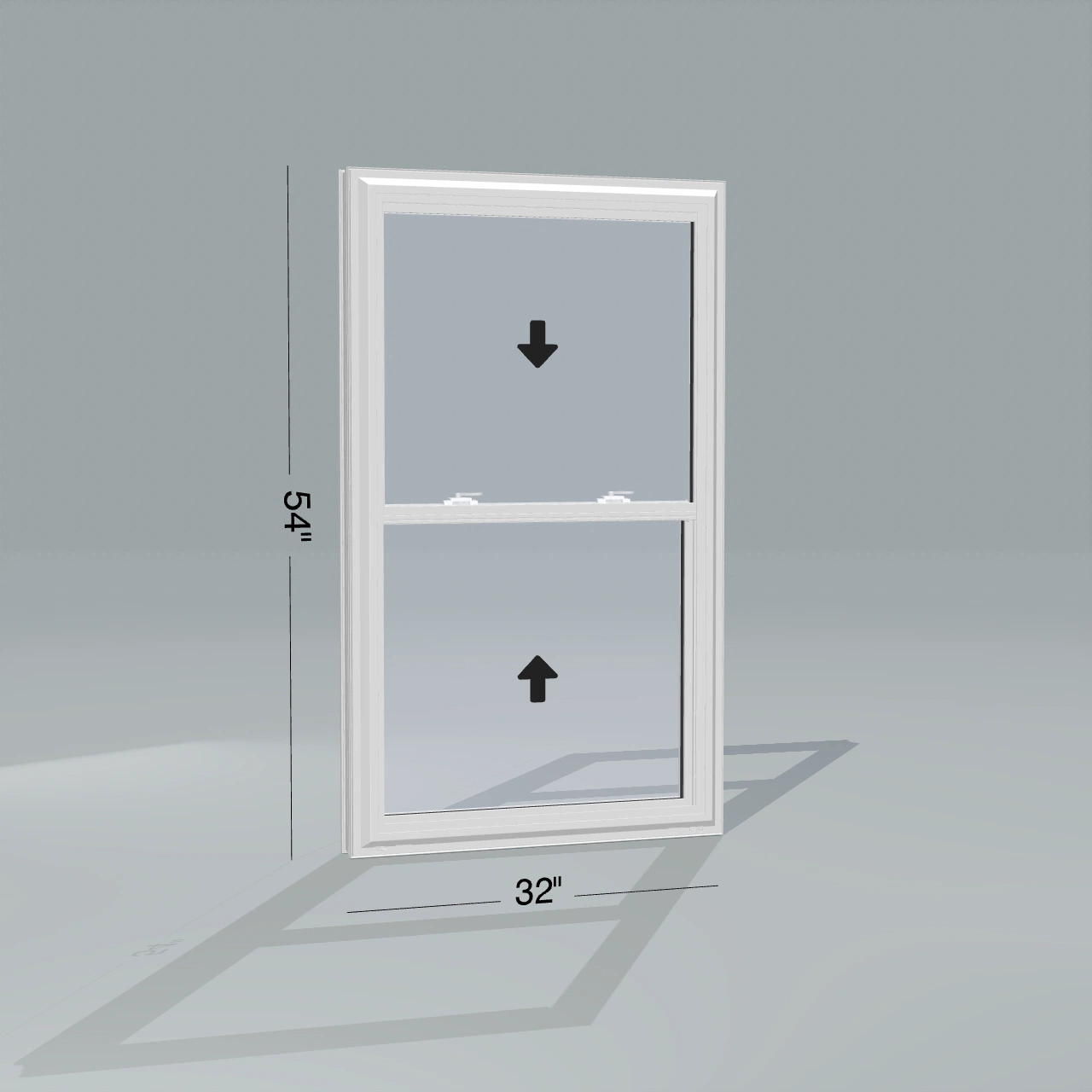 Angled exterior configurator view of the 32 × 54 inch double hung, white exterior / white interior, without nailing flange