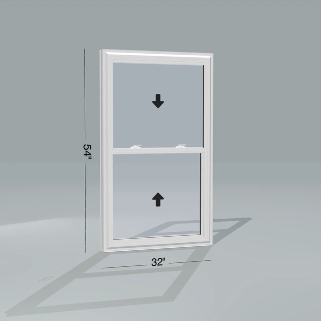 Angled exterior configurator view of the 32 × 54 inch double hung, white exterior / white interior, without nailing flange