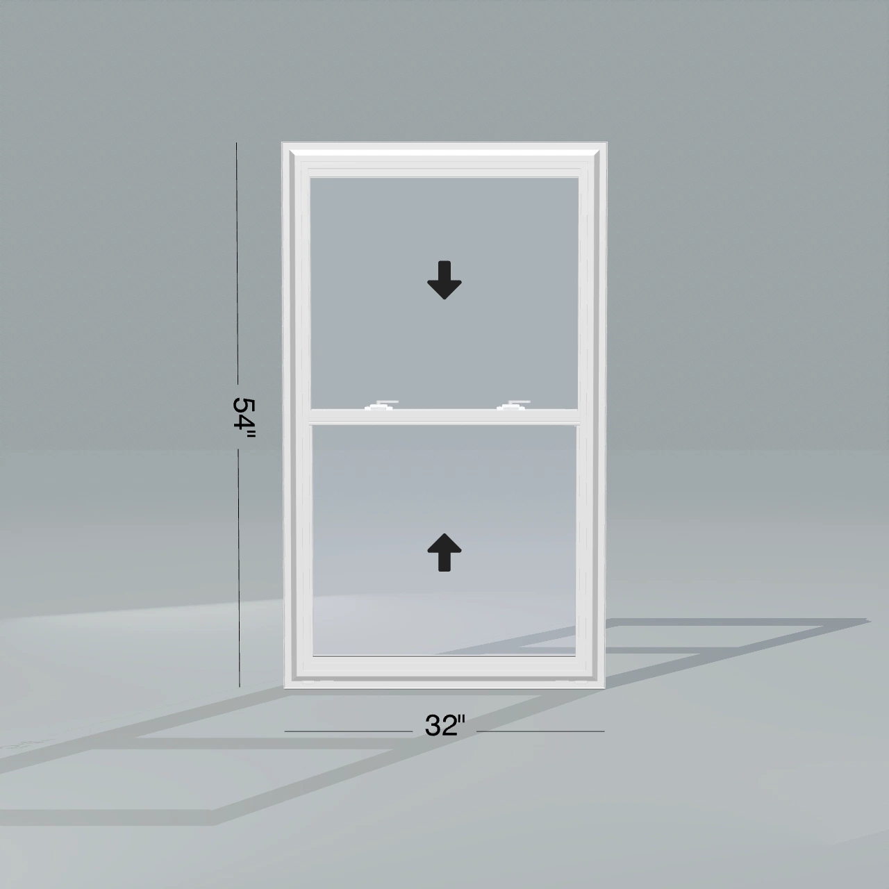 Straight exterior view of the 32 × 54 inch double hung, white exterior / white interior, without nailing flange