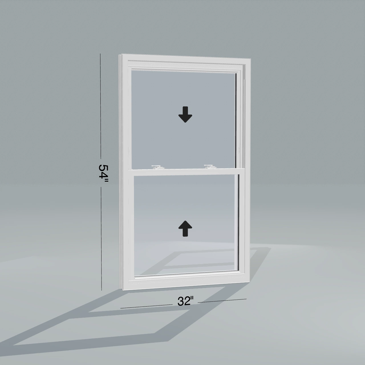 Angled interior view of the 32 × 54 inch double hung, white exterior / white interior, without nailing flange