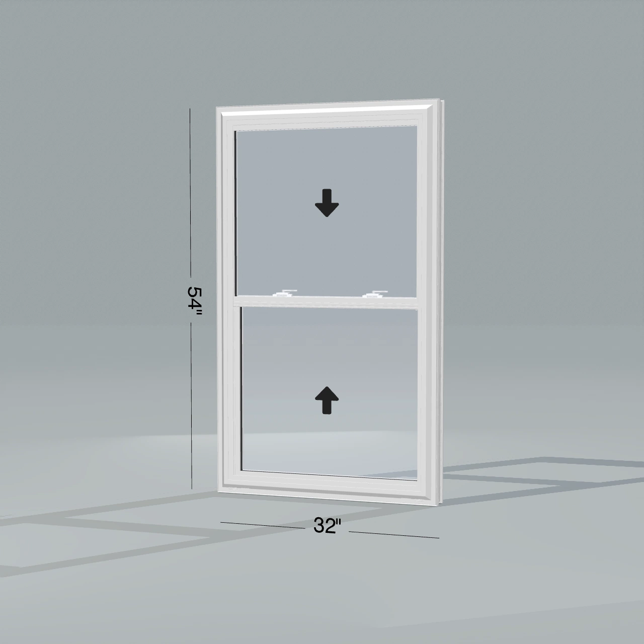 Opposite exterior angle of the 32 × 54 inch double hung, white exterior / white interior, without nailing flange