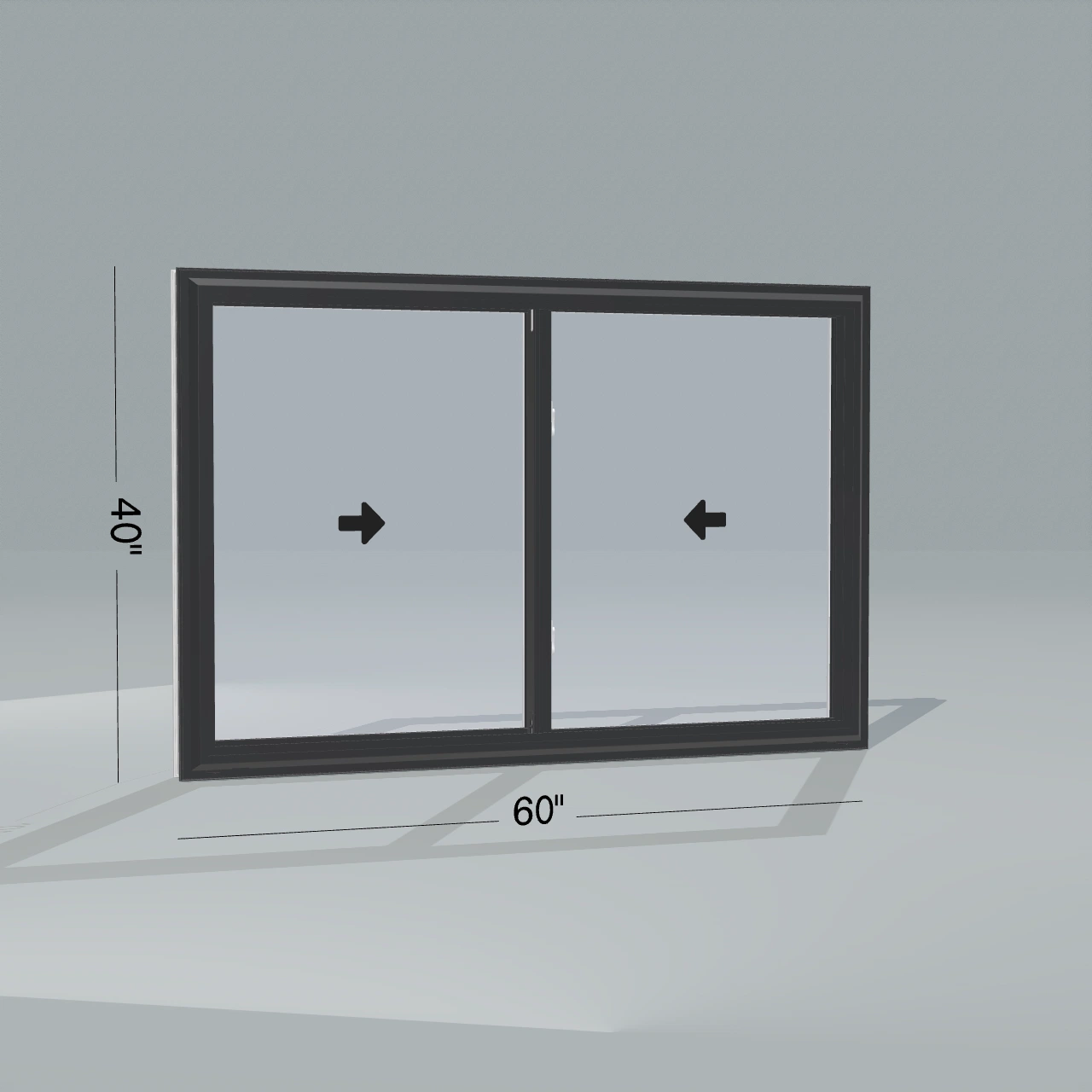 Panes configurator exterior rendering of a 60 by 40 inch double slider with black exterior, white interior and no nailing flange
