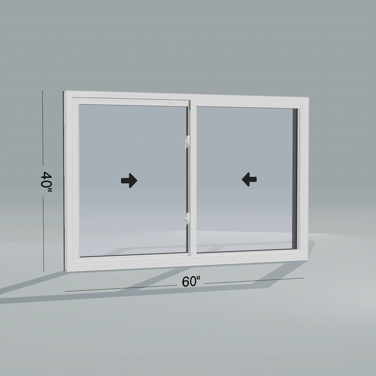 Panes configurator interior rendering of the same 60 by 40 inch black-exterior, white-interior double slider without a nailing flange