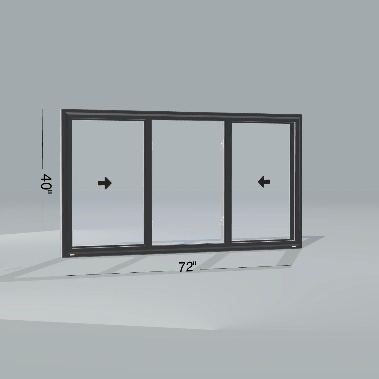 Panes configurator rendering of a closed 72 × 40 inch end-vent slider window with black exterior, white interior and no nailing flange