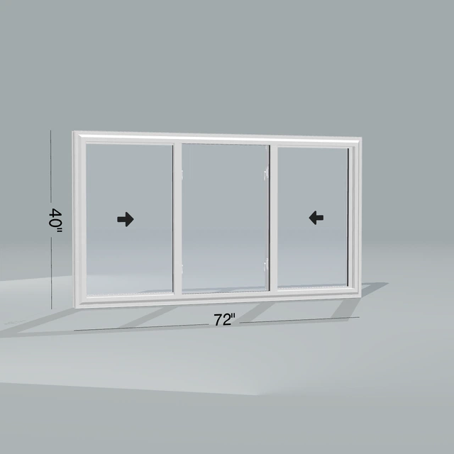 Angled exterior configurator view of the 72 × 40 inch end vent slider with tilt, white exterior / white interior, without nailing flange