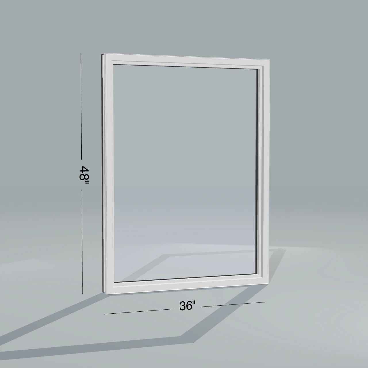 Room-side Panes configurator rendering of the same 36 × 48 inch picture window with white interior and no nailing flange