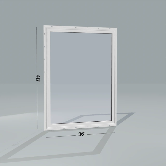 Angled exterior configurator view of the 36 × 48 inch picture window, white exterior / white interior, with nailing flange