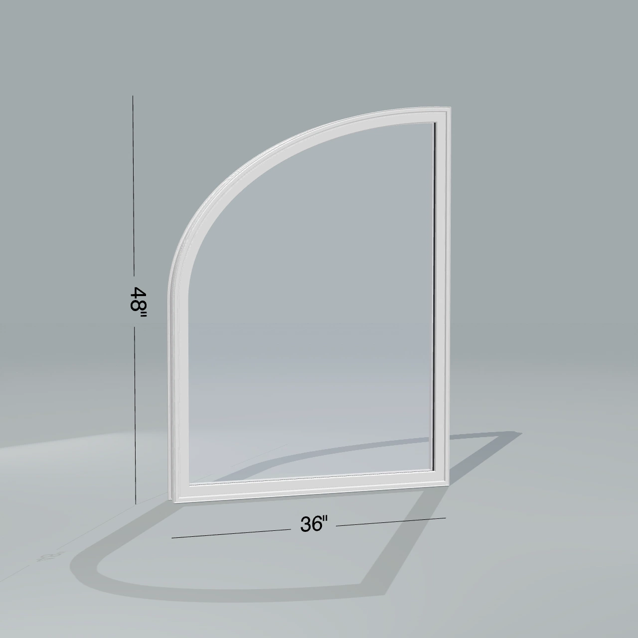 Angled exterior configurator view of the 36 × 48 inch raised partial ellipse (left), white exterior / white interior, without nailing flange