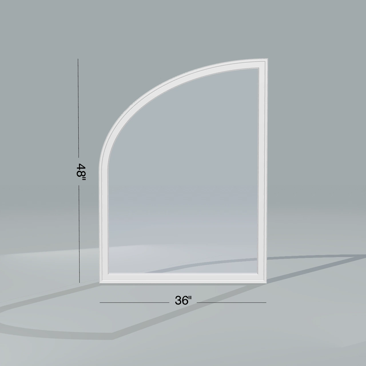 Straight exterior view of the 36 × 48 inch raised partial ellipse (left), white exterior / white interior, without nailing flange