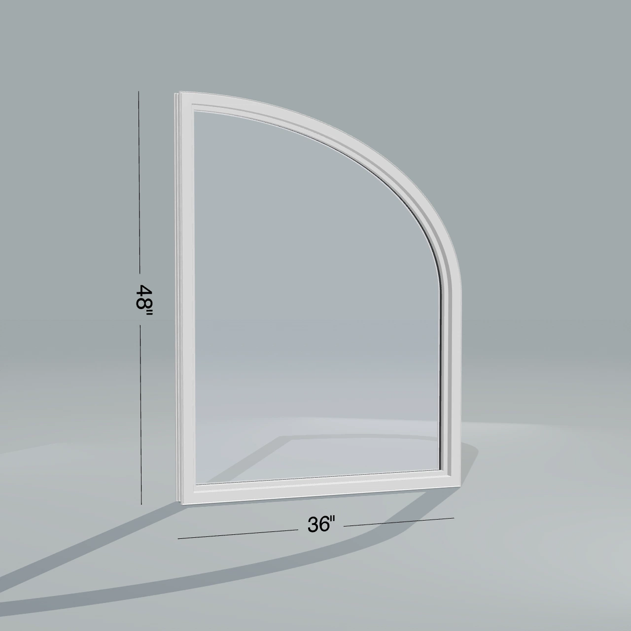Angled interior view of the 36 × 48 inch raised partial ellipse (left), white exterior / white interior, without nailing flange