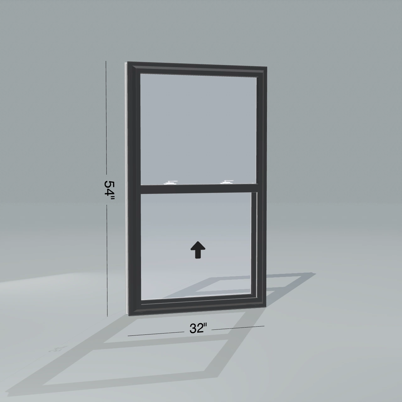 Panes configurator rendering of a closed 32 × 54 inch single-hung window with black exterior, white interior and no nailing flange