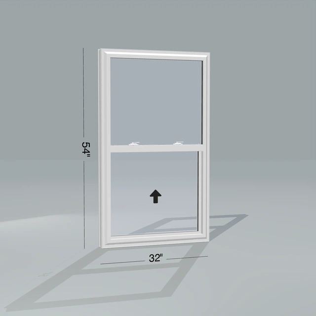Angled exterior configurator view of the 32 × 54 inch single hung, white exterior / white interior, without nailing flange