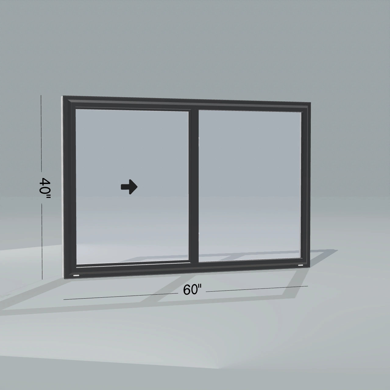 Angled exterior configurator view of the 60 × 40 inch single slider, black exterior / white interior, without nailing flange