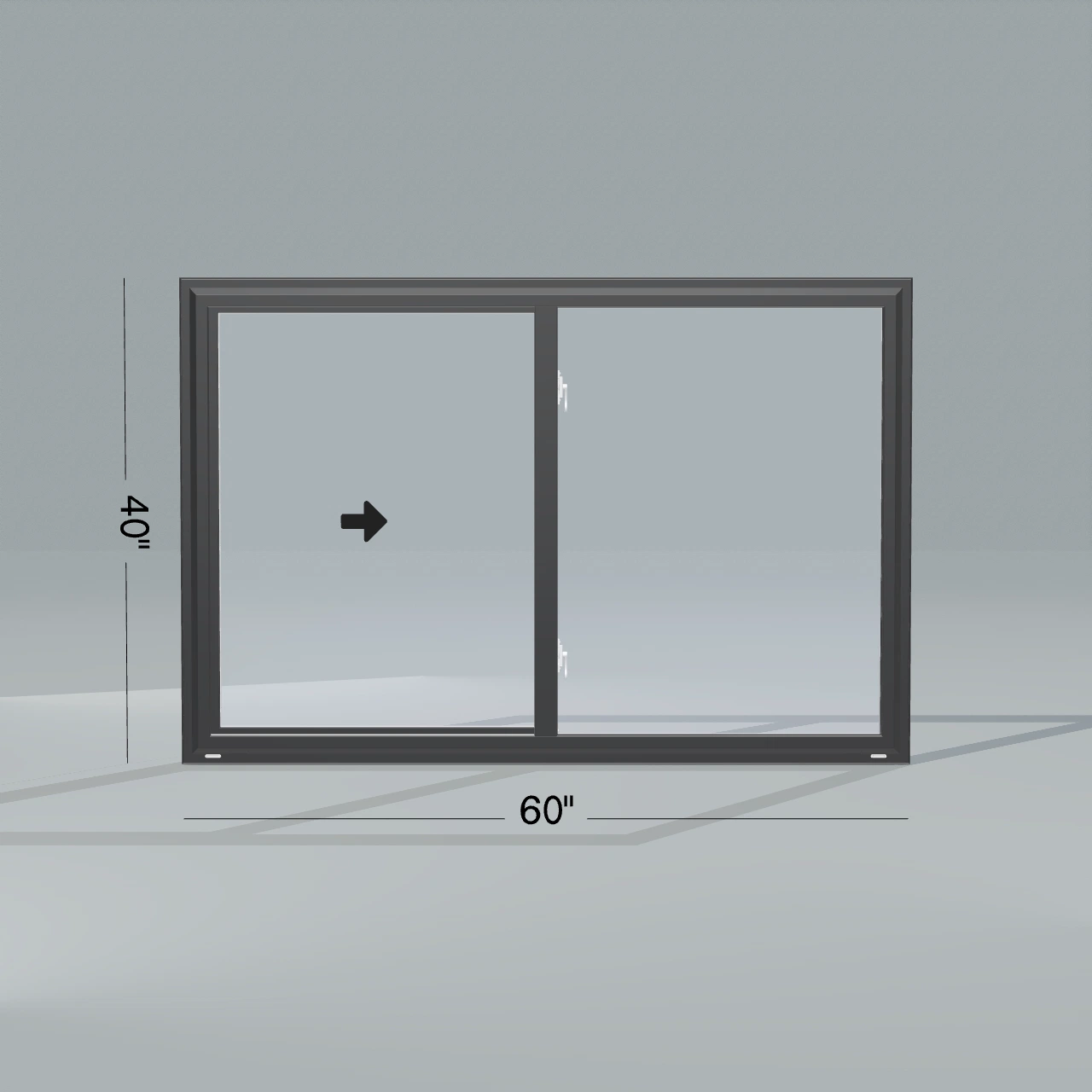 Straight exterior view of the 60 × 40 inch single slider, black exterior / white interior, without nailing flange