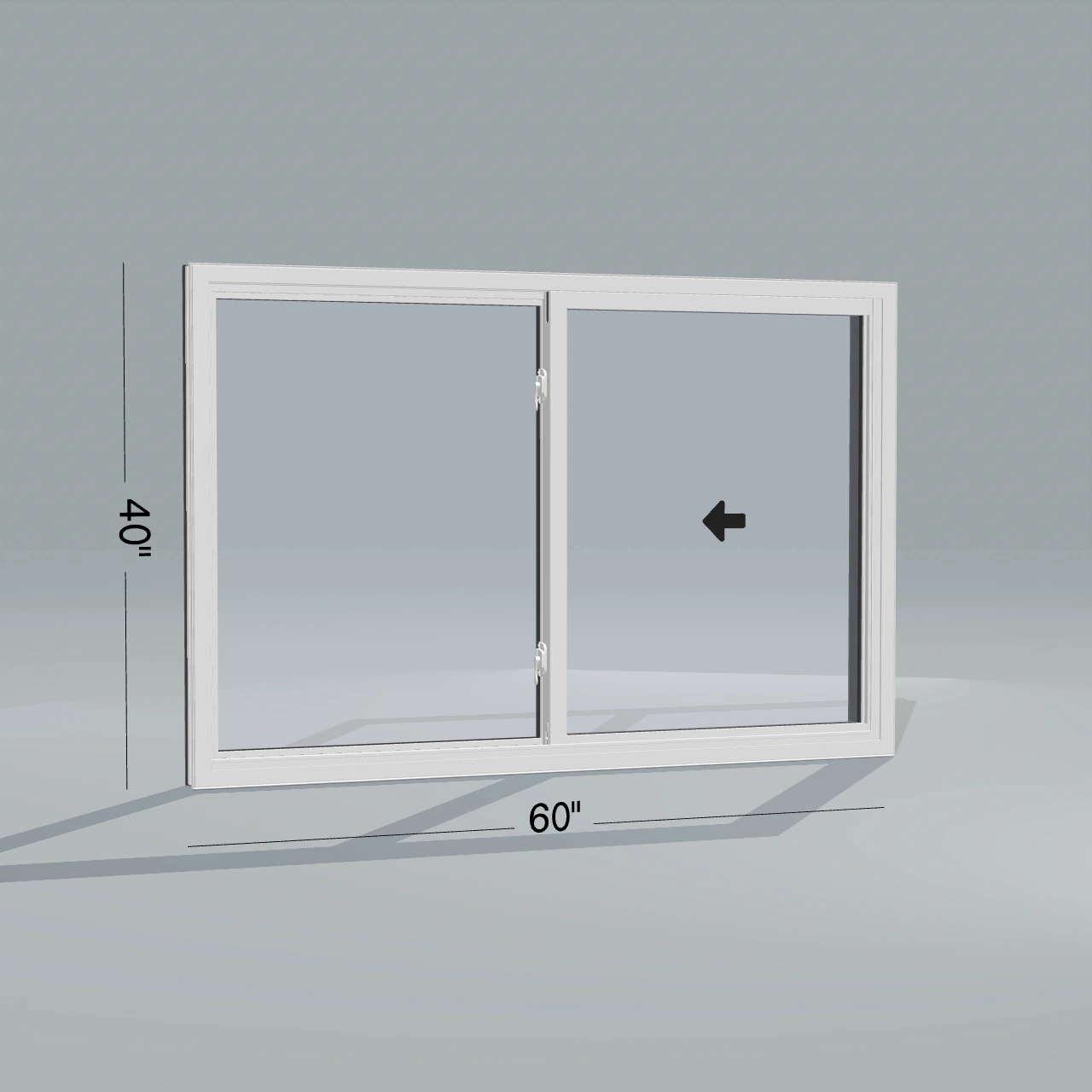 Angled interior view of the 60 × 40 inch single slider, black exterior / white interior, without nailing flange