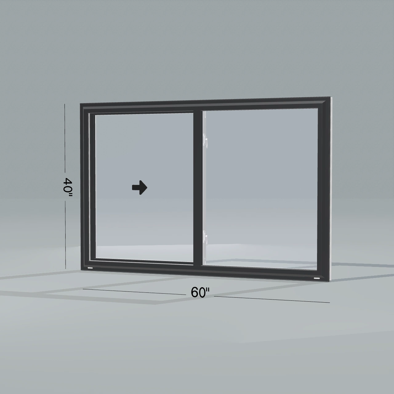 Opposite exterior angle of the 60 × 40 inch single slider, black exterior / white interior, without nailing flange