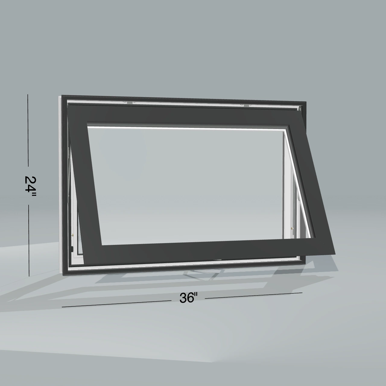 Angled exterior view of a black awning window, fully open, 36 by 24 inch frame with dimension lines, rendered from the Panes 3D configurator