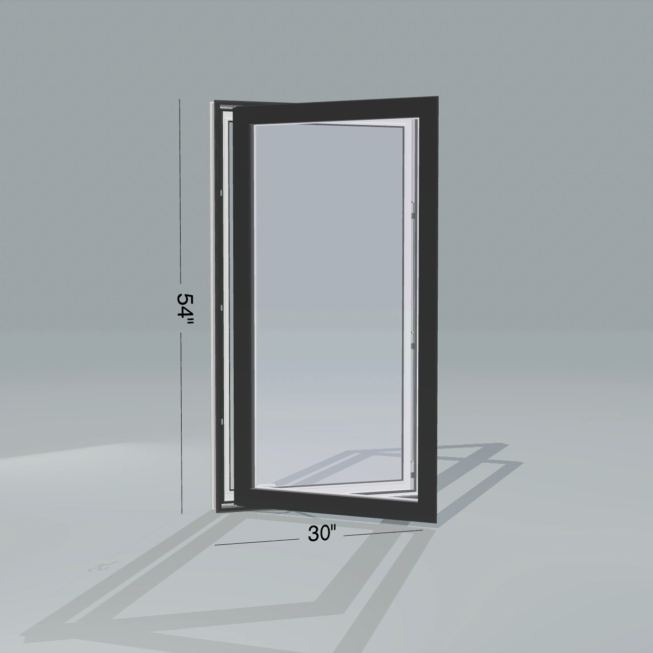 Angled exterior view of a black casement window, open 45 degrees, 30 by 54 inch frame with dimension lines, rendered from the Panes 3D configurator