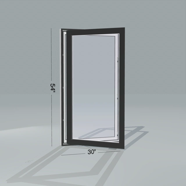 Angled exterior view of a black casement window, open 45 degrees, 30 by 54 inch frame with dimension lines, rendered from the Panes 3D configurator