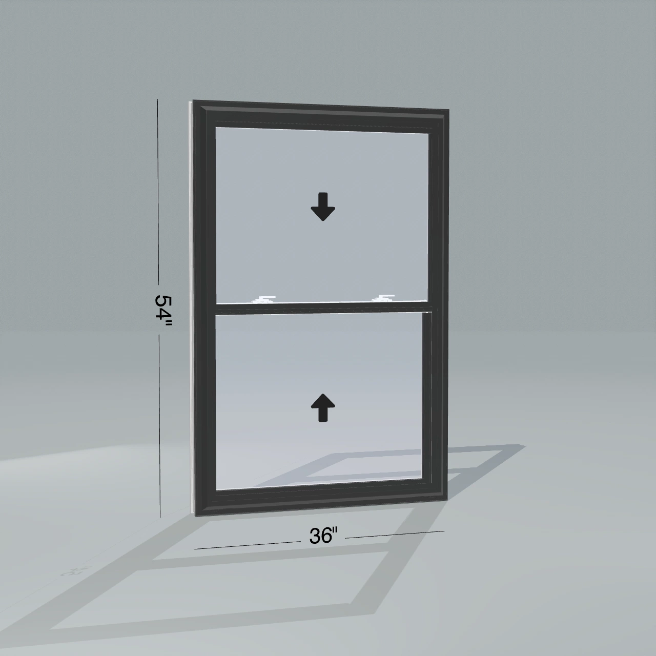 Angled exterior view of a black double hung window, 36 by 54 inch frame with dimension lines, arrows show opening directions, rendered from the Panes 3D configurator