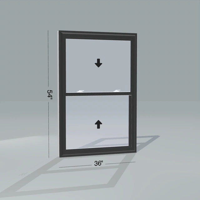 Angled exterior view of a black double hung window, 36 by 54 inch frame with dimension lines, arrows show opening directions, rendered from the Panes 3D configurator