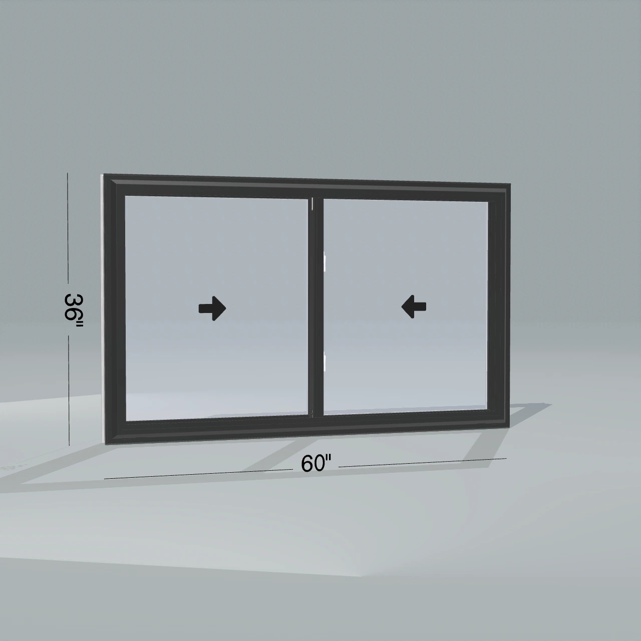 Angled exterior view of a black double slider window, 60 by 36 inch frame with dimension lines, arrows show opening directions, rendered from the Panes 3D configurator