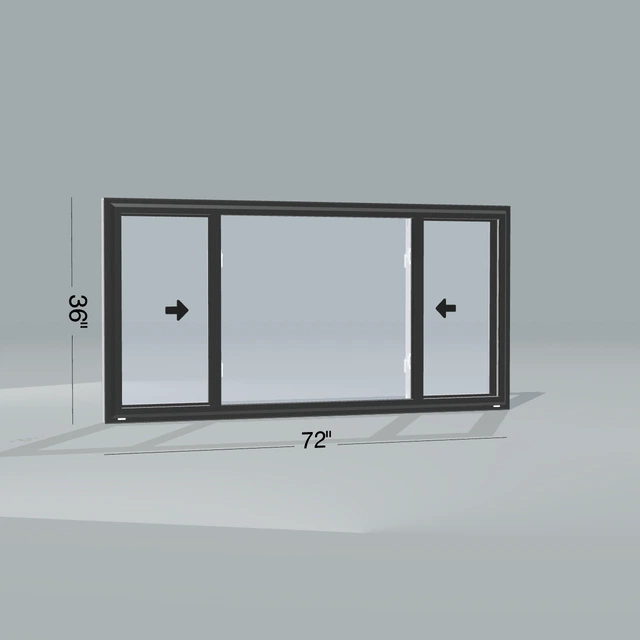 Angled exterior view of a black endvent slider window, 72 by 36 inch frame with dimension lines, arrows show opening directions, rendered from the Panes 3D configurator
