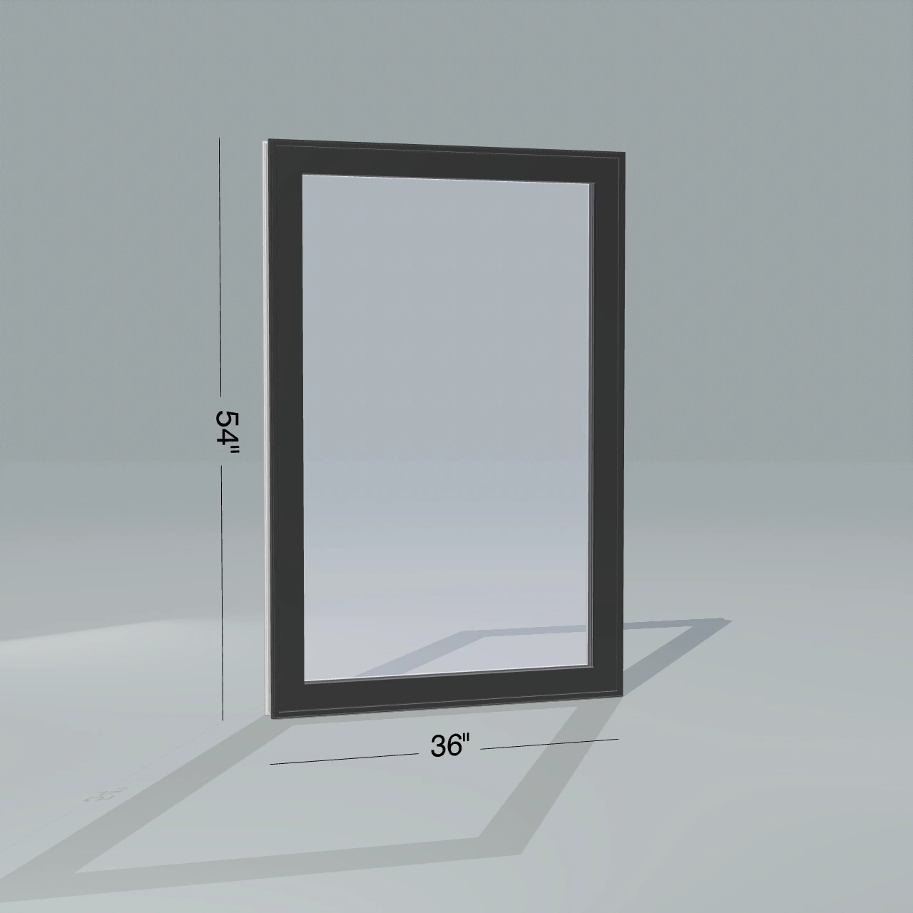 Angled exterior view of a black high fix window, 36 by 54 inch frame with dimension lines, rendered from the Panes 3D configurator