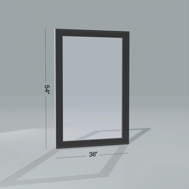 Angled exterior view of a black high fix window, 36 by 54 inch frame with dimension lines, rendered from the Panes 3D configurator