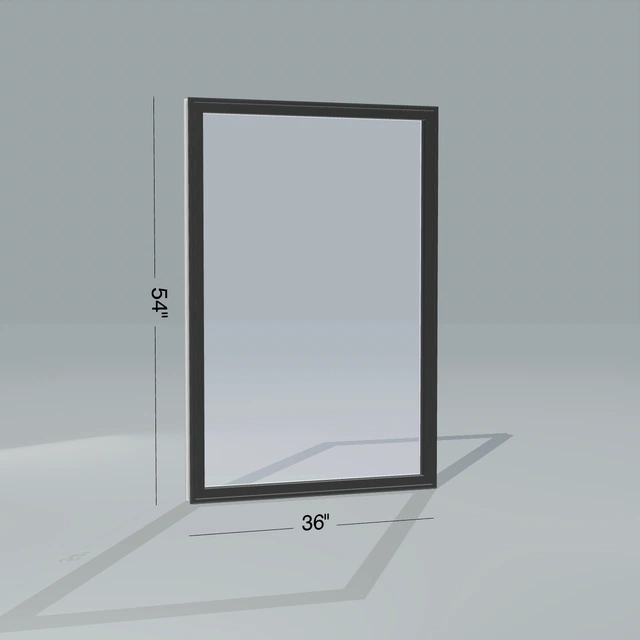 Angled exterior view of a black picture window, 36 by 54 inch frame with dimension lines, rendered from the Panes 3D configurator