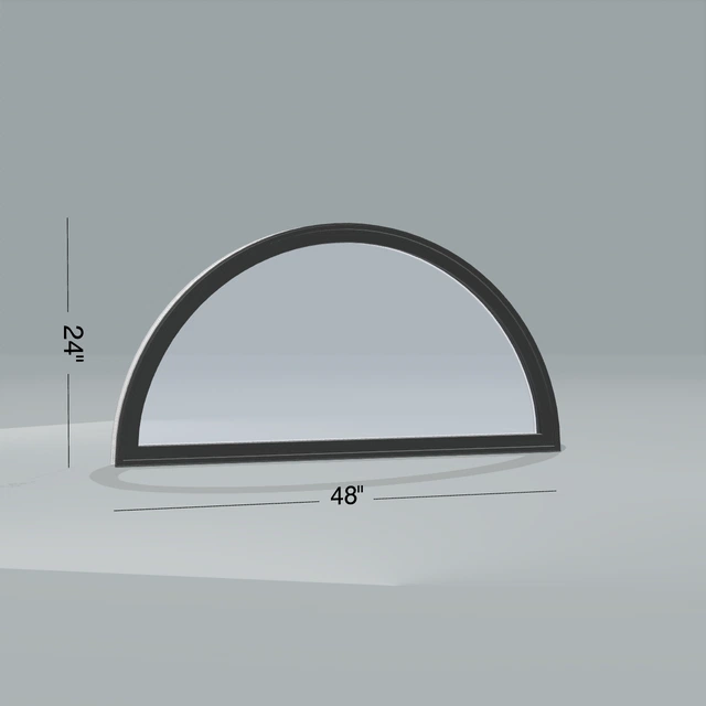 Angled exterior view of a black shaped window, 48 by 24 inch frame with dimension lines, rendered from the Panes 3D configurator