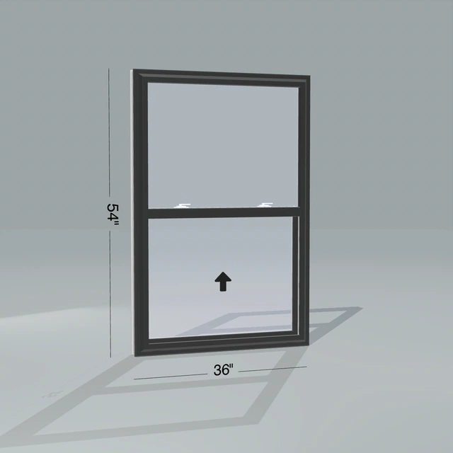 Angled exterior view of a black single hung window, 36 by 54 inch frame with dimension lines, arrows show opening directions, rendered from the Panes 3D configurator