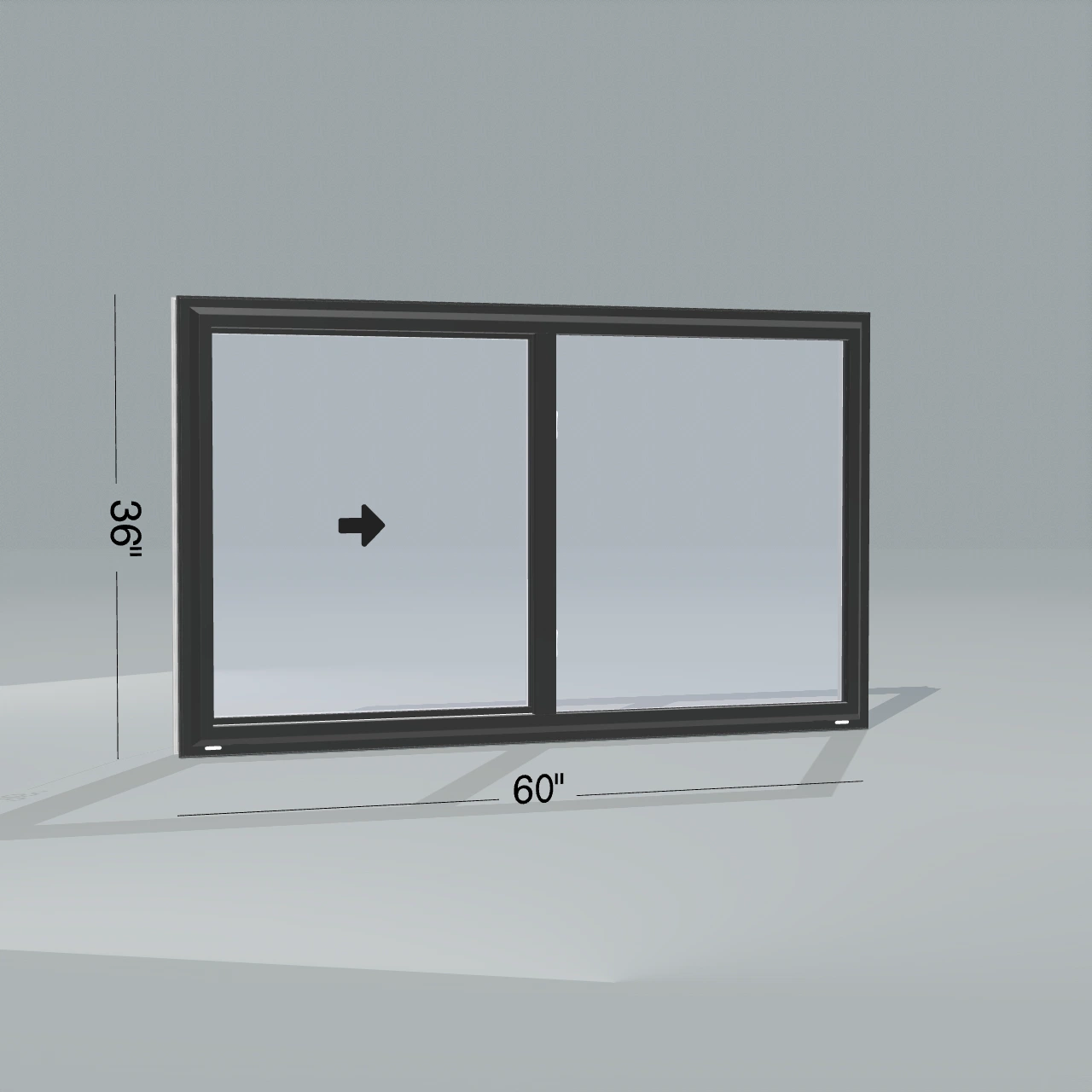 Angled exterior view of a black single slider window, 60 by 36 inch frame with dimension lines, arrows show opening directions, rendered from the Panes 3D configurator