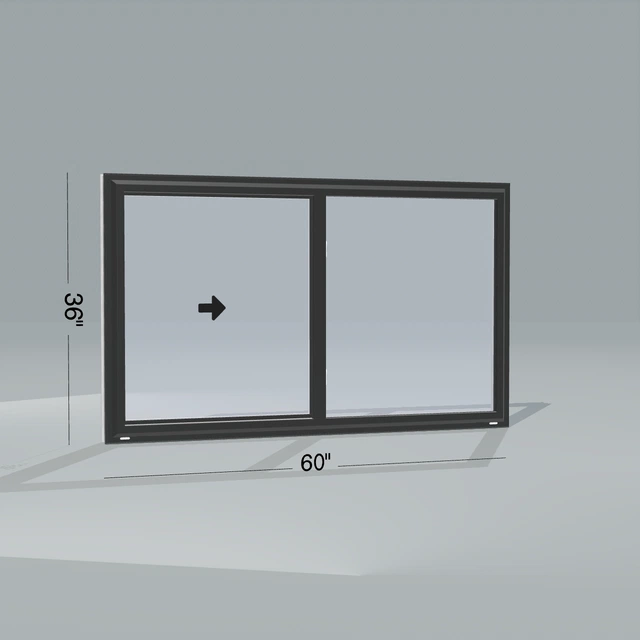 Angled exterior view of a black single slider window, 60 by 36 inch frame with dimension lines, arrows show opening directions, rendered from the Panes 3D configurator