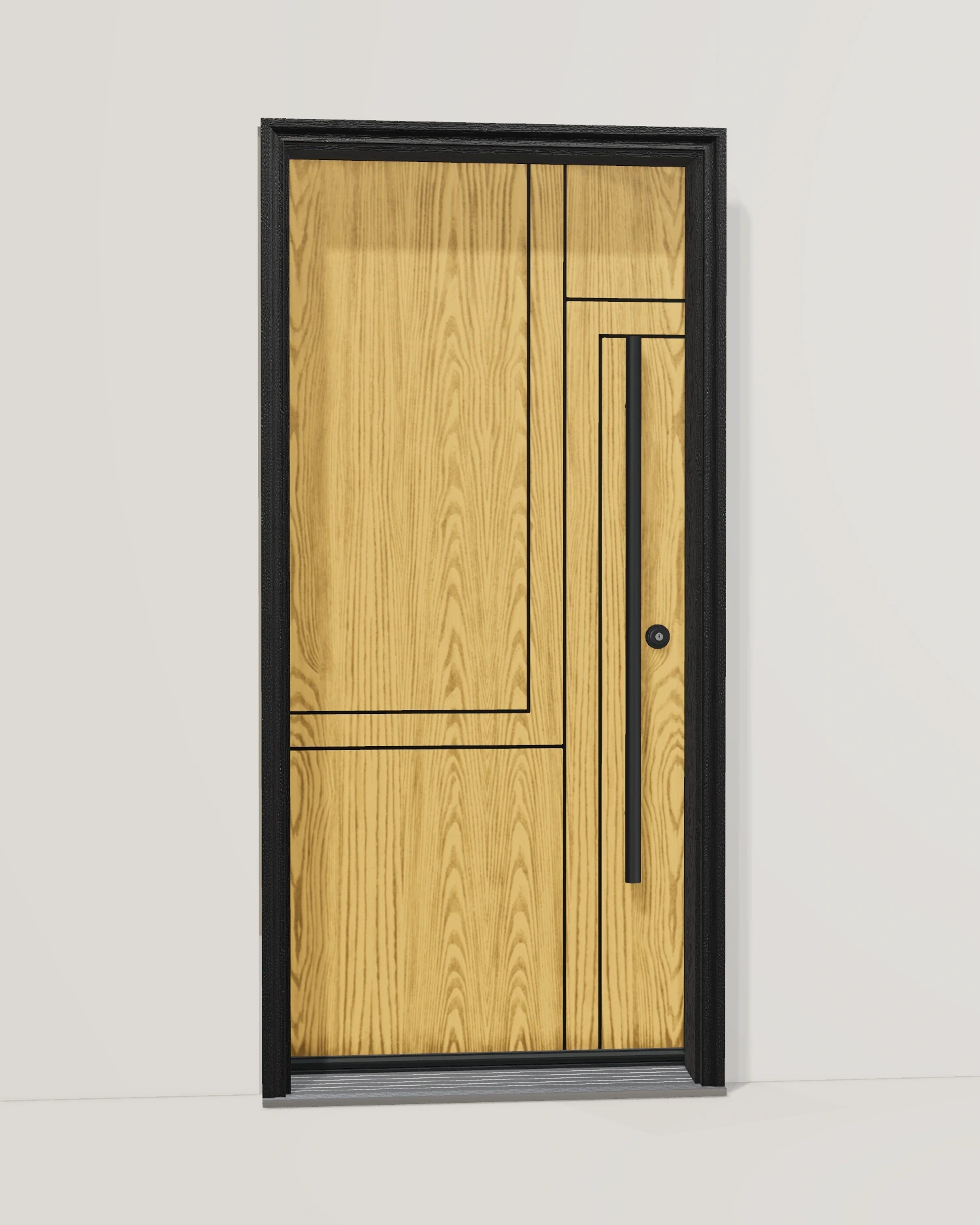 Warm oak grain and a long black pull, framed in black.