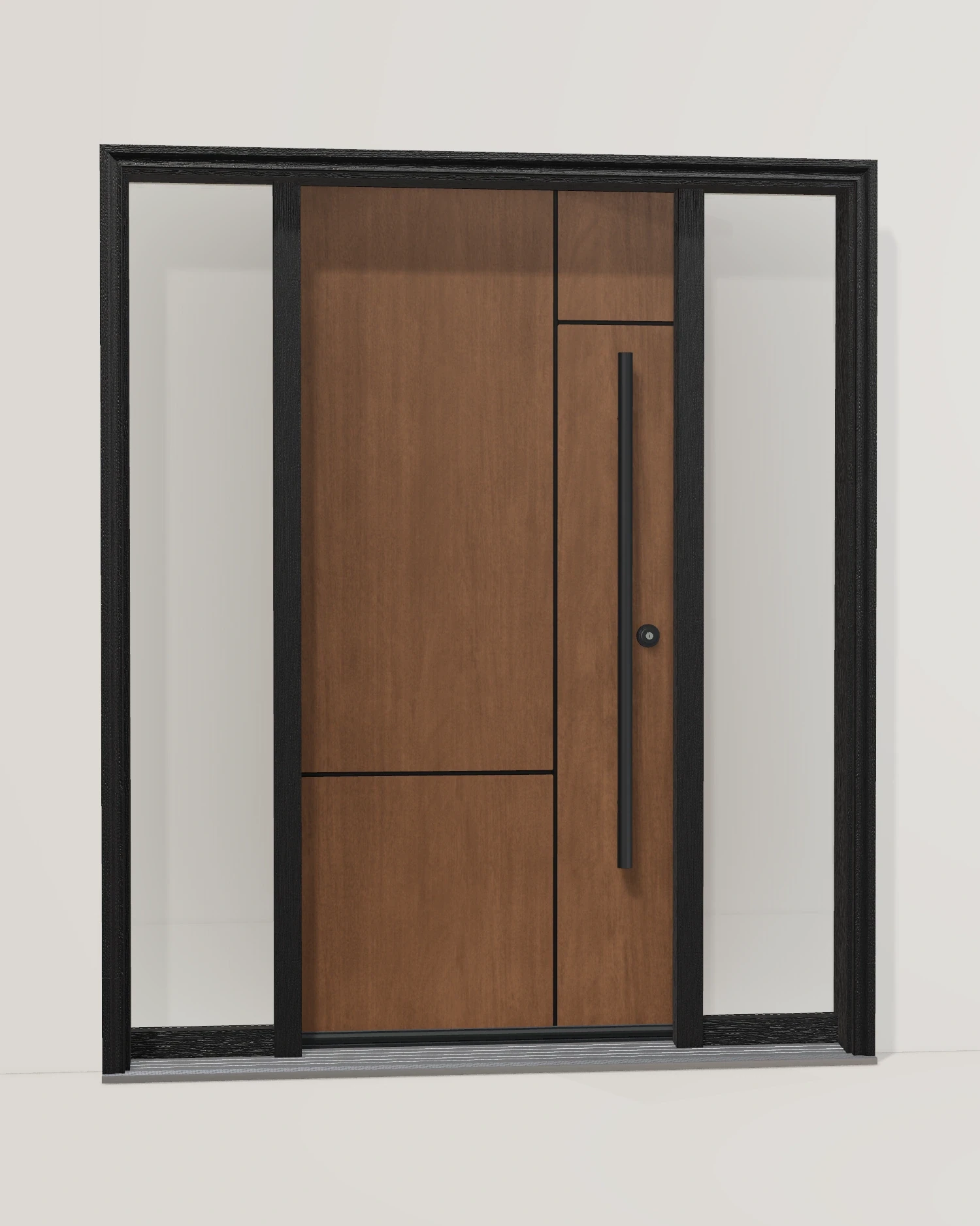 Rich mahogany grain, a black pull and two sandblasted sidelites.