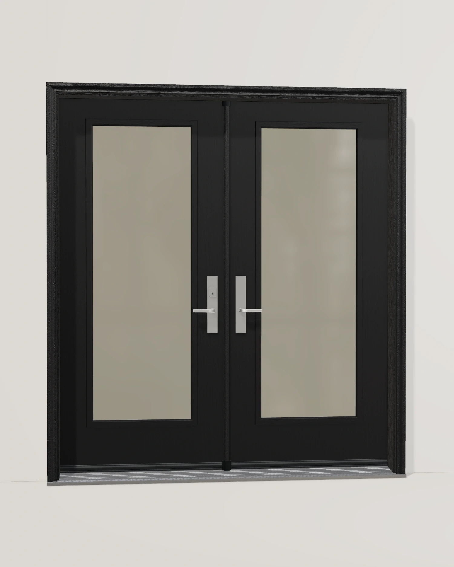 Black, double doors and coordinated frame and hardware.