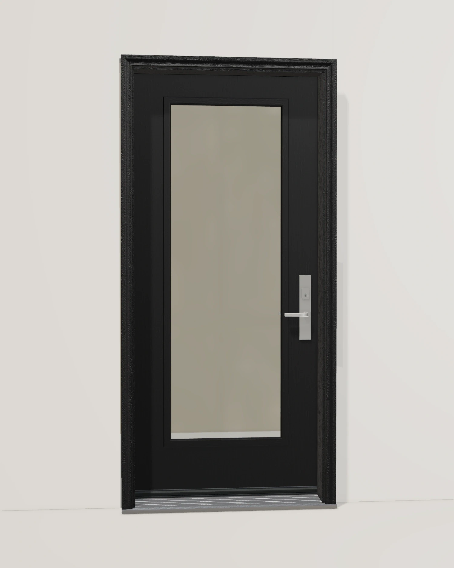 Full-height clear glass, a black frame and satin-nickel Roma hardware.