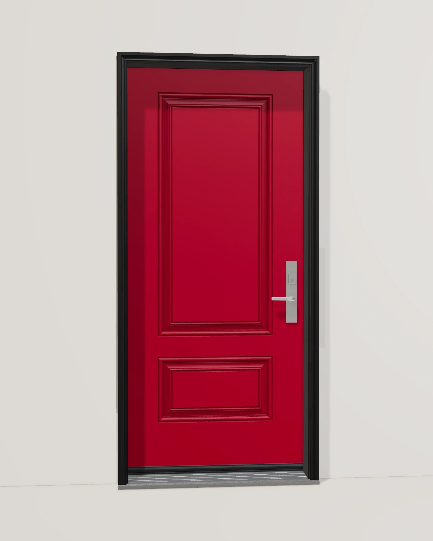 Sculpted traditional panels and satin-nickel Roma hardware.